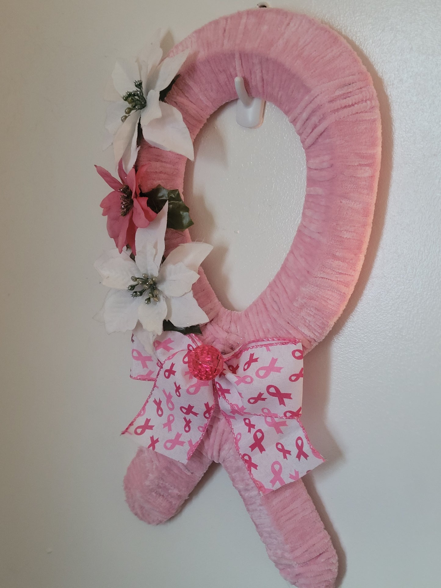 Breast Cancer Wreath w/large pink and white flowers