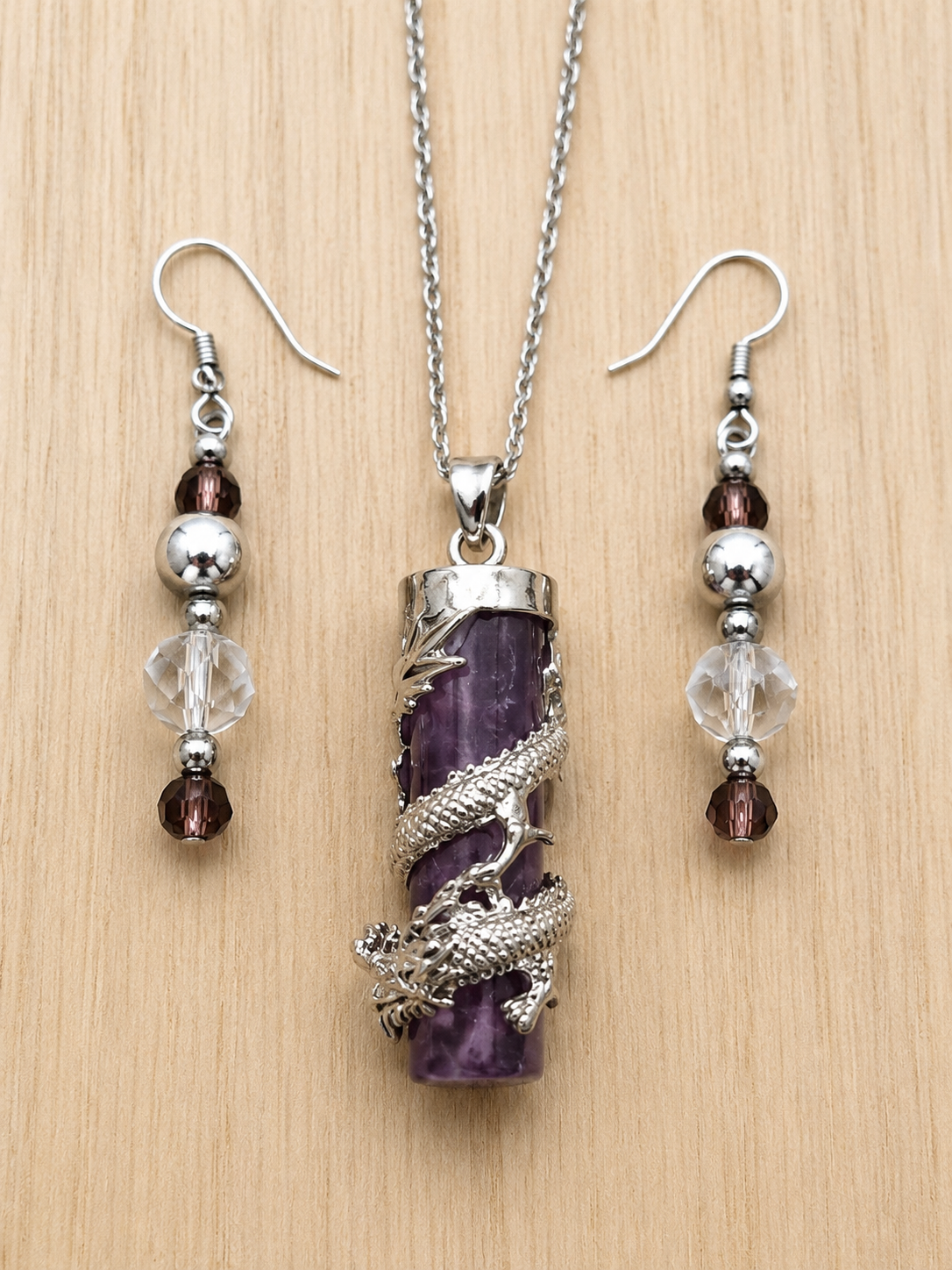 Chakra Crystal Silver Plated Dragon/purple/clear Earrings Set