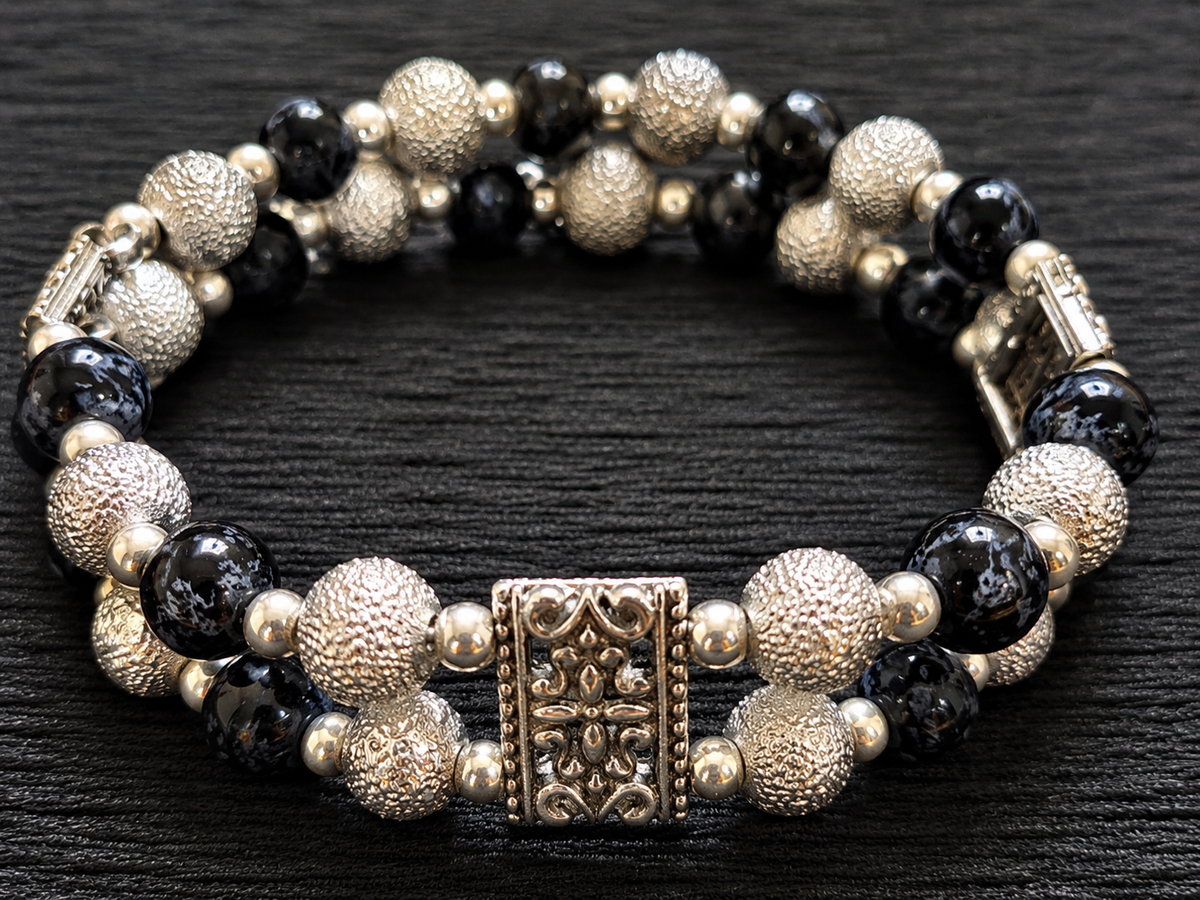 Vintage-Inspired Black and Silver Beaded Bracelet